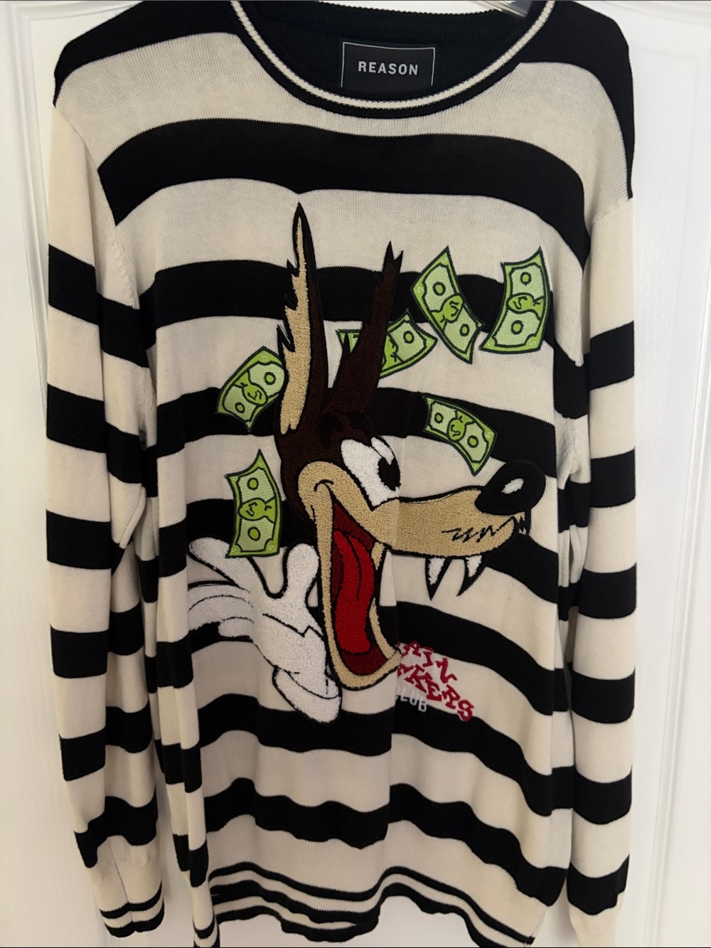 Reason Black & Cream Striped Cartoon Wolf Sweater with Green Money Motif